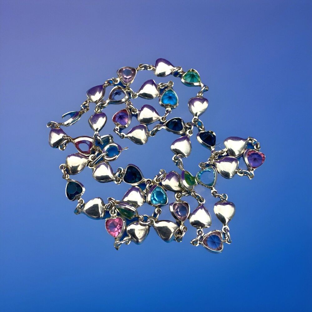 VINTAGE CHAIN OF COLORED SILVER HEARTS 925 Italy J.T.I STERLING SILVER NECKLACE